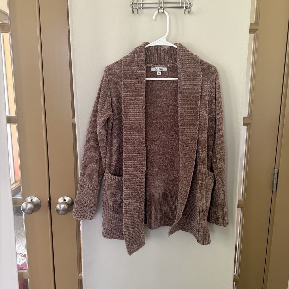 Orvis Womens XS Brown Chenille Shawl Collar Open Knit Cardigan Sweater Pockets